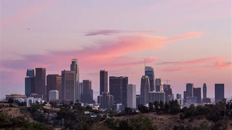 4k Downtown Los Angeles Skyline Day To Night Pink Sunset Wide
