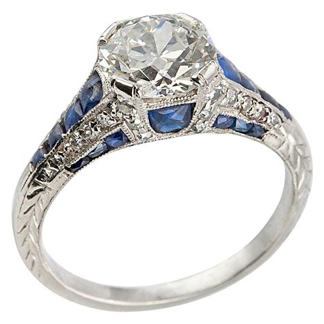 Art Deco 140 Carat Diamond Sapphire Platinum Engagement Ring At 1stdibs