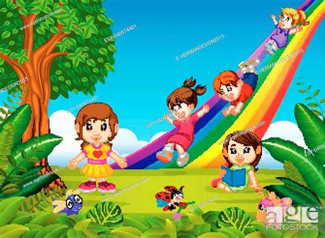 Illustration Of Cartoon Kids Sliding Down The Rainbow Stock Vector