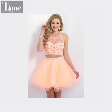 Two Pieces Halter Short Prom Dresses Peach Backless Sheer Illusion Crew