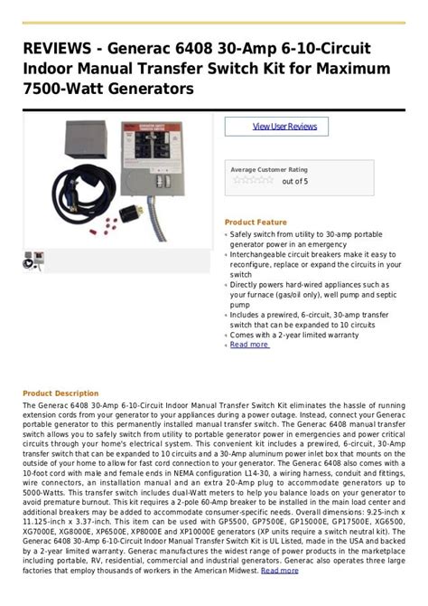 Generac 6408 30 Amp 6 10 Circuit Indoor Manual Transfer Switch Kit For