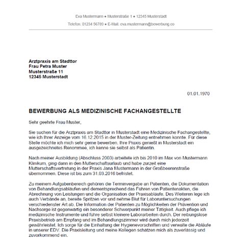 Muster, nach meiner erfolgreich abgeschlossenen ausbildung zur medizinischen fachangestellten im februar 2007, habe ich in den folgenden jahren viele berufliche erfahrungen sammeln und mein wissen stetig erweitern können. Bewerbung als Medizinische Fachangestellte / Medizinischer ...