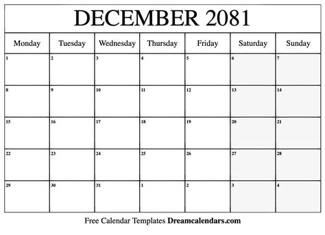 December 2081 Calendar Free Blank Printable With Holidays