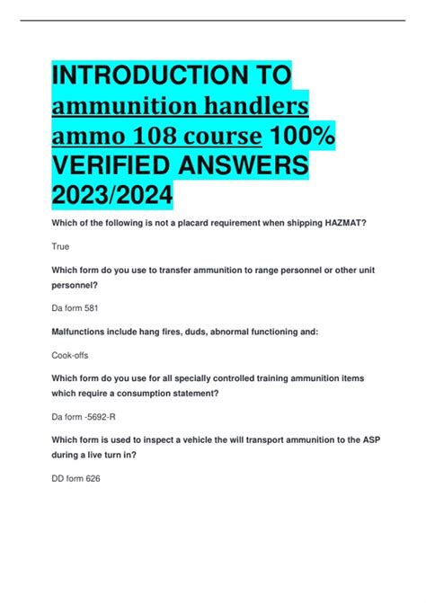 INTRODUCTION TO ammunition handlers ammo 108 course 100% VERIFIED