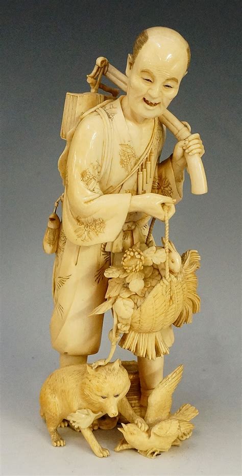 A Japanese Single Piece Ivory Carved Figure Of A Traveller W