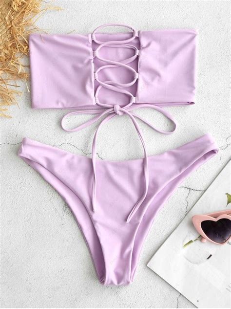 8 OFF 2021 ZAFUL Unlined Back Lace Up Bandeau Bikini Set In MAUVE