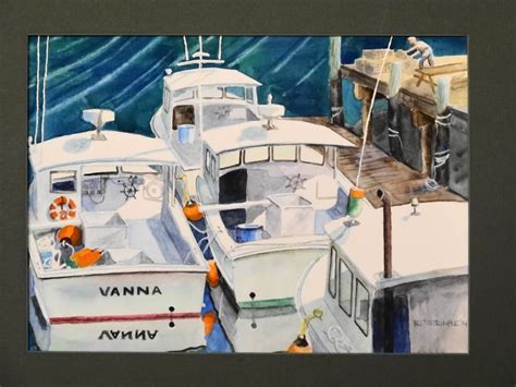 Lobster Boats Watercolor Painting Maine Harbor Scene Moored Etsy Uk