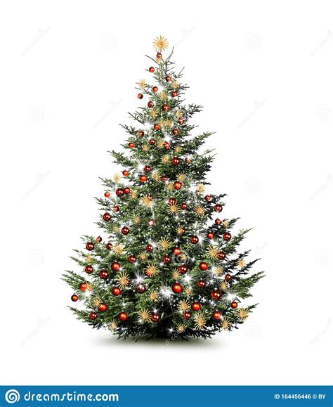 Brightly Decorated Christmas Tree Isolated On White Background Stock