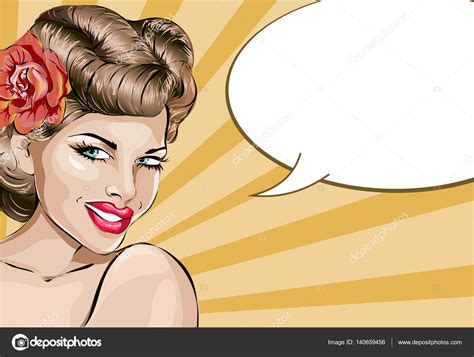 Pin Up Sexy Woman Portrait With Speech Bubble Pop Art Girl Hand Drawn