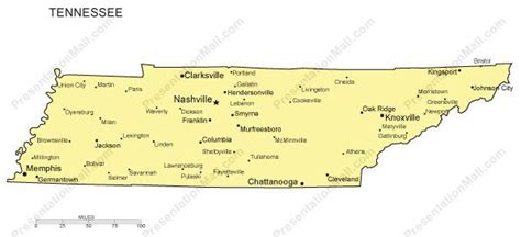 Tennessee Outline Map With Capitals And Major Cities Digital Vector
