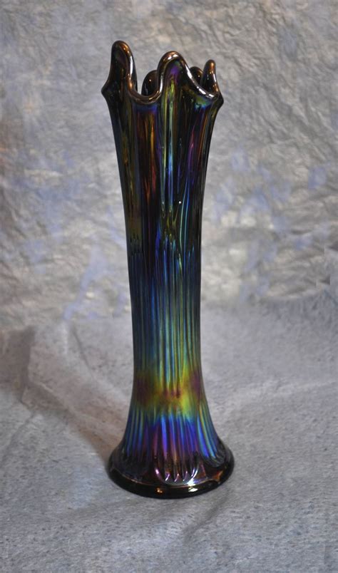 Fenton Cobalt Carnival Glass 11 Inch Tall Vase Rib And Diamond Pattern