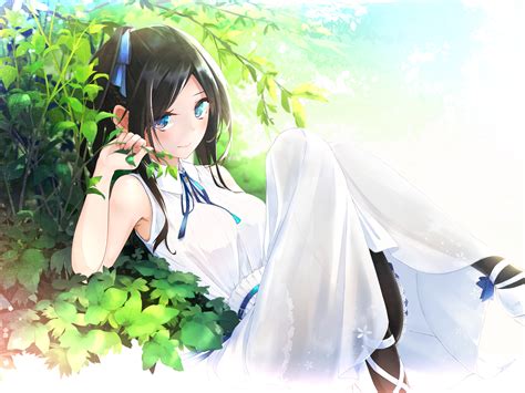 Black Hair Blue Eyes Blush Breasts Dress Long Hair Original Oriuo Q