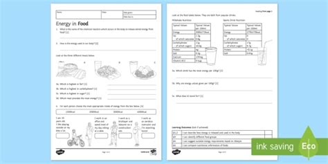 Ks3 Energy In Food Homework Worksheet Activity Sheet