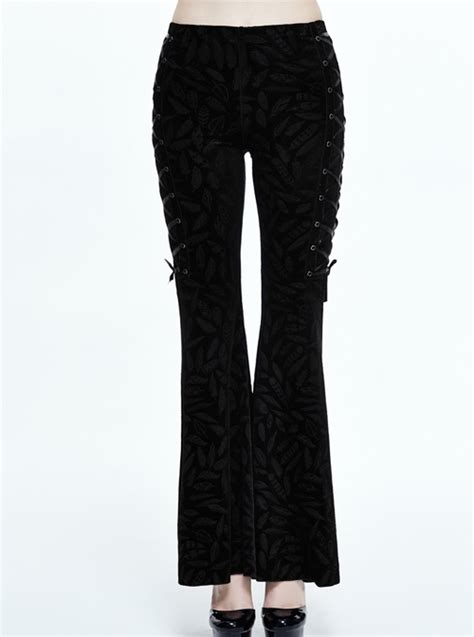 gothic black casual pants feather printing lace up high waist flared