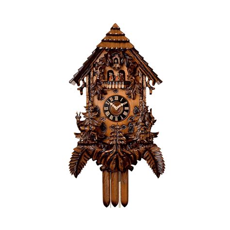 Carved 8 Day Musical Cuckoo Clock With Chalet Roof And Carved Facade