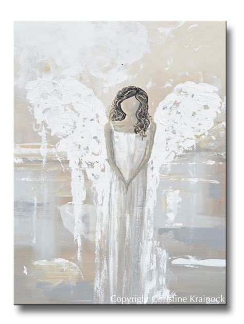 Original Abstract Angel Painting Art Guardian Angel Neutral Home Decor