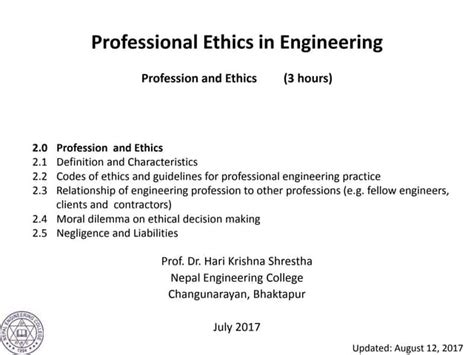 professional ethics in engineering chapter 2 profession and ethics hks ppt