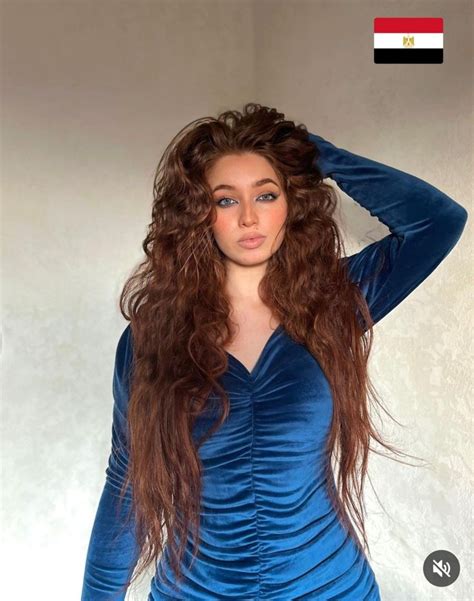 Beautiful Egyptian Woman Blue Dress Red Long Head Wavy Hair Blue