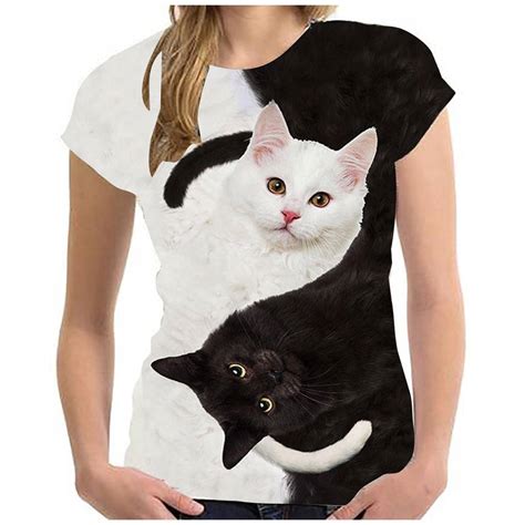 Funny 3d Two Cats Print T Shirt Womens Fashion Clothing
