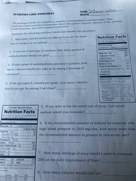 Nutrition Label Worksheet Answers