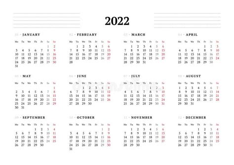 2022 Monday Start Calendar With Week Numbers
