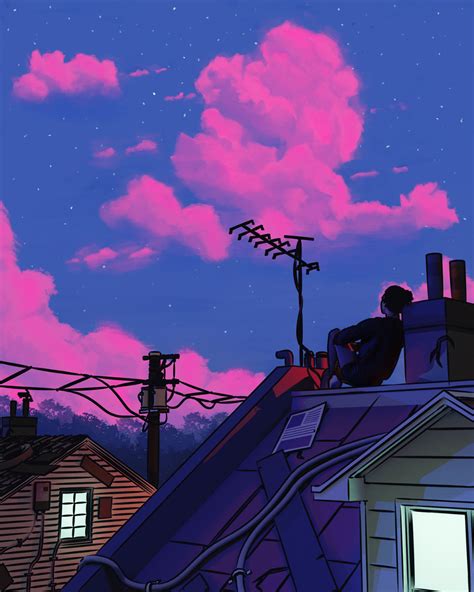 A Man Sitting On Top Of A Roof Next To A Building Under A Purple Sky