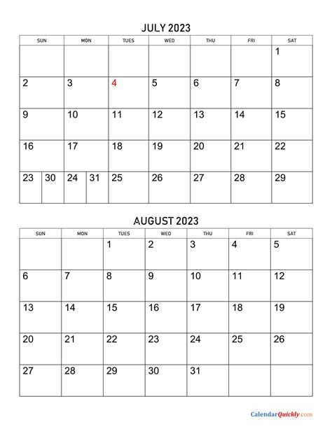 July And August 2023 Calendar Calendar Quickly