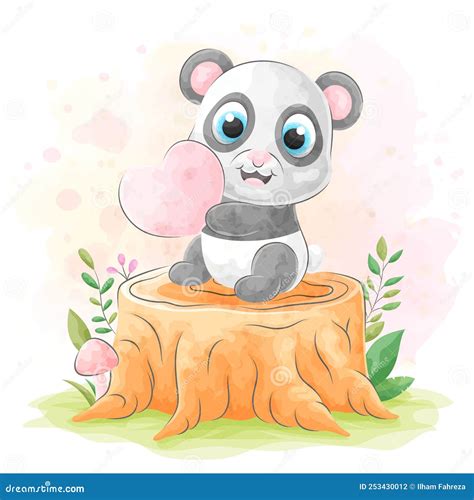 Cute Doodle Panda With Watercolor Illustration Stock Illustration