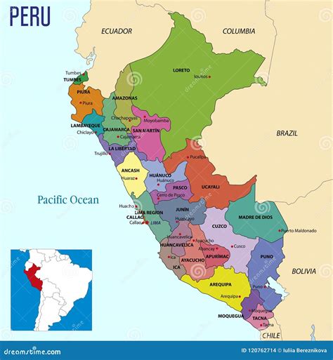 Mapa De Perú Con Regiones Y Sus Capitales Ilustración Del Vector
