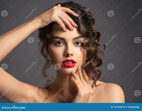 Beautiful Young Woman With Long Curly Brown Hair Stock Photo Image Of