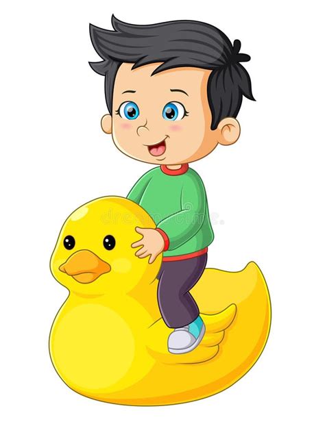 The Little Boy Is Sitting On The Rubber Duck With The Happy Expression