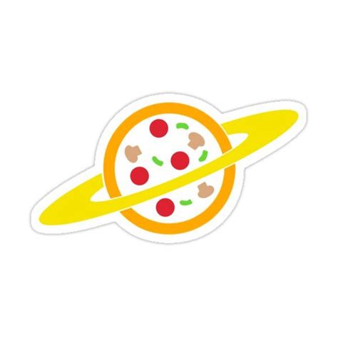 An Orange And Yellow Sticker With The Saturn Pizza On Its Side In
