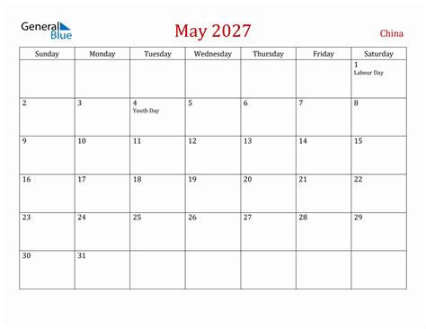 May 2027 China Monthly Calendar With Holidays