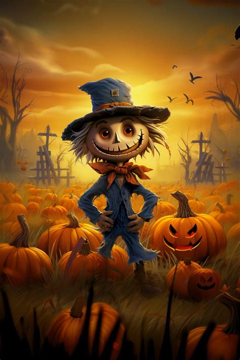 Cute Scarecrow In A Pumpkin Patch Canvas Print Wall Art Etsy In 2023 Halloween Poster