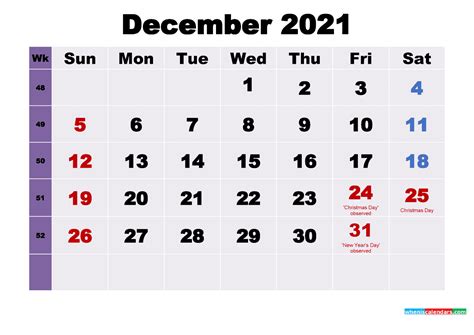 Free Printable Calendar December 2021 6 Templates