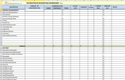 Sample Construction Estimate Spreadsheet Regarding Construction