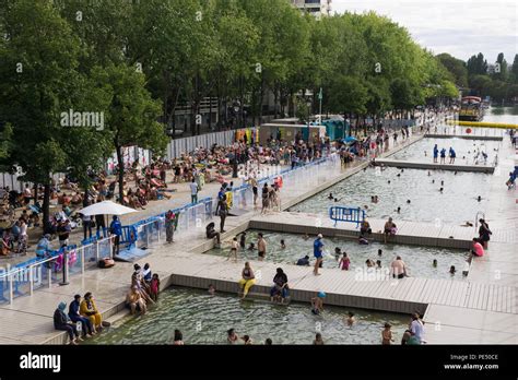 Paris Water People Enjoying Paris Summer In An Open Swimming Pool At La Bassin De La Villette