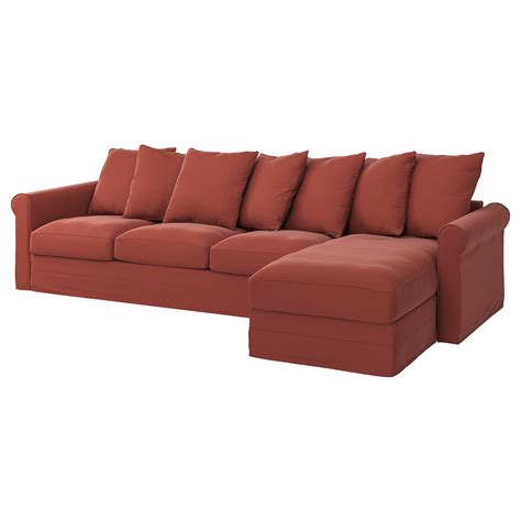 GRÖNLID 4-seters sofa - med sjeselong, Ljungen lys rød - IKEA