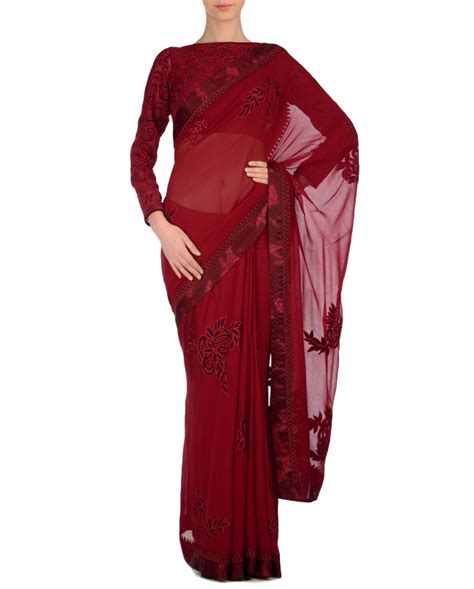 Dark Red designer saree with maroon applique work | Saree ...
