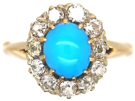 Edwardian Ct Gold Turquoise Diamond Cluster Ring P The