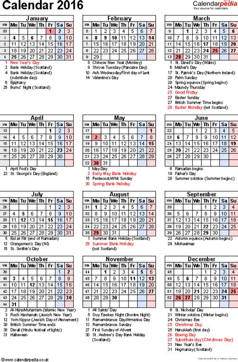 2016 Calendar With Holidays