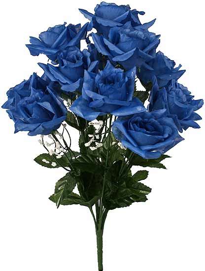 19" Royal Blue Open Rose Silk Floral Bush - Silk Poly and Ribbon Roses