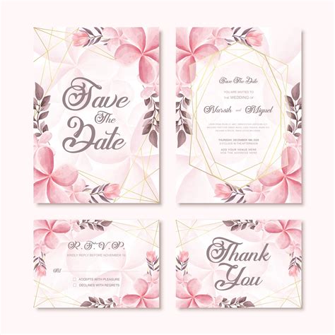 Beautiful Wedding Invitation Card Template Set With Watercolor Flower