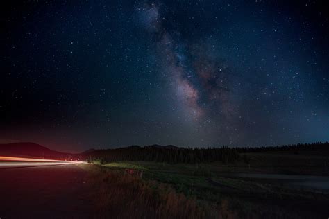 Road Starry Night Night Sky Lights Car Milky Way Long Exposure