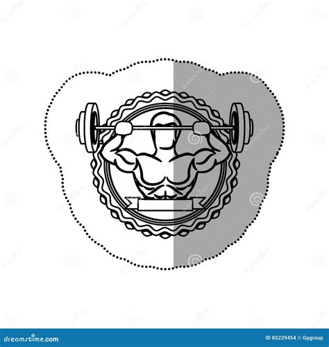 Contour Sticker Border With Muscle Man Lifting A Disc Weights And Label