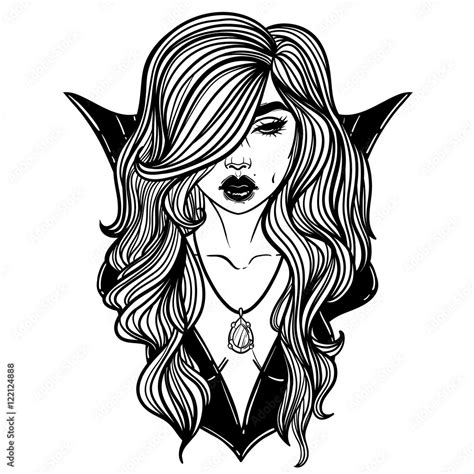 Vampire Girl Line Art Hand Drawn Vector Illustration Black Line On