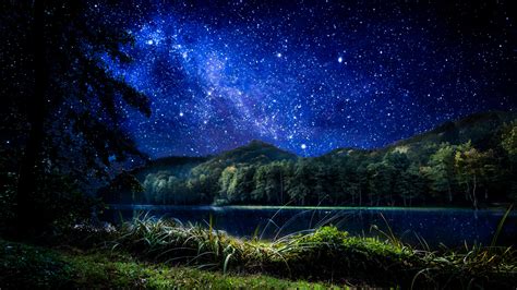 Starry Sky Over Mountain And Lake 4k Wallpaper