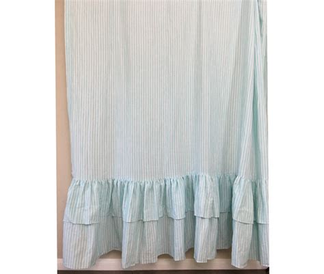 Green And White Striped Shower Curtain With Two Tiered Ruffles Linen
