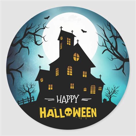 Creepy Haunted House Blue Sky Moon Happy Halloween Classic Round