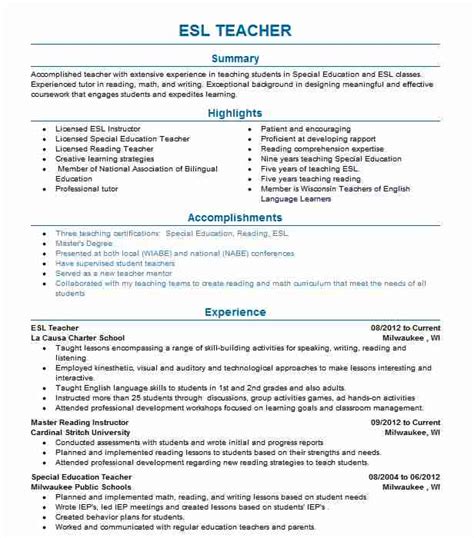 Looking for english teacher resume samples? Esl Teacher Resume Example | Resumes Misc | LiveCareer